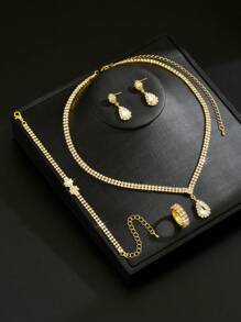 5 pièces/set Collier de mariée, boucles d'oreilles, bracelet, bague Ensemble de bijoux floraux, accessoires élégants de style de rue pour femmes, cadeau