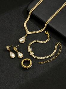 5 pièces/set Collier de mariée, boucles d'oreilles, bracelet, bague Ensemble de bijoux floraux, accessoires élégants de style de rue pour femmes, cadeau