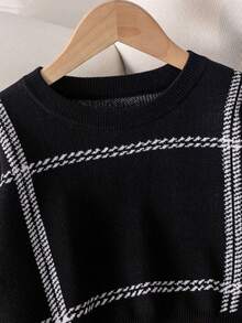Girls' Simple Plaid Striped Short Knit Pullover Sweater, Suitable For Casual Daily Wear, Spring, Autumn, Winter - Black - View 4