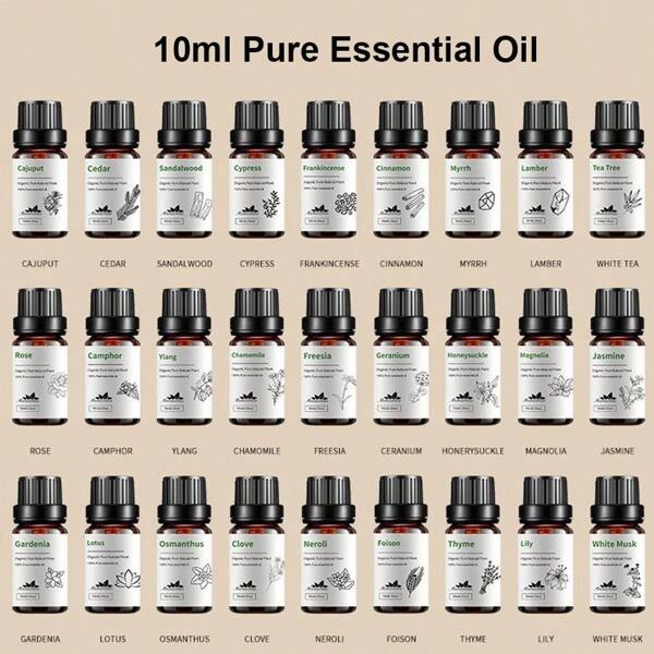 1 pieza 10ml/0.33fl.Oz Aceites esenciales para difusores, humidificadores, aromaterapia, masaje, baño y relajación, Lavanda, Jazmín, Eucalipto, Vainilla, Menta, Sándalo, Incienso, Naranja dulce, Ylang Ylang, Limón, Rosa, Clavo, Hierba de limón, Canela, Cedro, Mirra, Agujas de pino