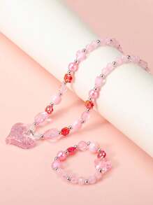 Set de 2 piezas de collar y pulsera con cuentas y colgante de corazón para niñas, elegante regalo para fiestas y uso diario de niñas
