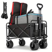 Big Wheels Collapsible Wagon Cart Foldable, Heavy Duty 350 LBS Beach Wagon With Silent All-Terrain Wheels, Folding Utility Grocery Cart With Side Pocket And Brakes For Camping Garden Sports, Black
