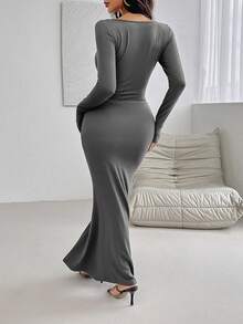 Women's Spring Summer Solid Color Sweetheart Neck Long Sleeves Ruched Fishtail Hem Long Elegant Dress - Dark Grey - View 2