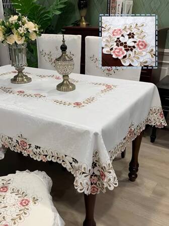 1 pieza Mantel bordado con flores, mantel rectangular u oval de poliéster romántico y lindo con jacquard y calado, resistente al calor y al polvo, adecuado para mesa de comedor, mesa de café, mesa cuadrada/redonda, uso diario en el hogar, bodas, fiestas y días festivos
