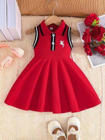 女婴透气舒适可爱学院领刺绣装饰连衣裙，优雅时尚女童连衣裙，夏季