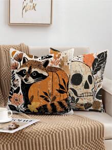 1 pieza Funda de cojín de otoño, estampado bohemio de calabaza fantasma y mapache, tela de poliéster con cremallera, estampado de una sola cara, sin inserto de cojín, decoración del hogar de otoño y Halloween, adecuado para el estilo rústico, patio exterior, sofá, cama, artículos para fiestas