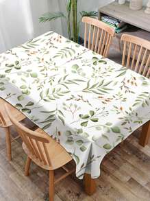 1pc Green Leaf Print Geometric Pattern Tablecloth, Modern Polyester Rectangular & Round Waterproof Tablecloth, Digital Printing Suitable For Living Room, Outdoor Dining, Small Round Table