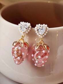 1 对草莓心形水钻耳环，时尚优雅百搭，适合女性，夏季 - 粉色 - 查看 3