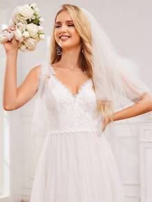 Elegant Luxurious Lace V-Neck Backless Bow Tie A-Line Long Trailing Wedding Dress Suitable For Wedding Ceremony - White - View 1