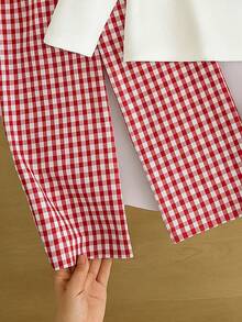 Conjunto de camiseta de manga larga con estampado de cerezas y pantalones rectos a cuadros rojos y blancos para niñas, otoño - Beis - Ver 6