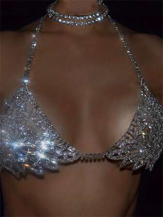 1pc Rhinestone Body Chain Bra Copper - Full Crystal Chest Harness, Sassy Nightclub