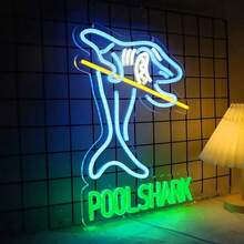 Polished Metal Finish Neon Sign - Pool Shark Billiards Game Room Wall Decor, USB Powered, Switch Controlled, Plastic, Azure & Green Light For Pub, Club, Garage – Multipurpose Hanging Neon Bar Light