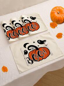 4 piezas/6 piezas/60 piezas Individuales de Halloween, individuales de lino con diseños de fantasmas de dibujos animados, castillos, arañas, murciélagos y letras, resistentes a la suciedad, aplicables para el hogar, restaurantes, decoración de mesa de comedor, artículos del hogar