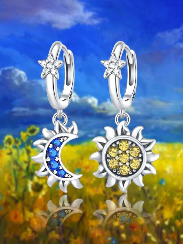 1pair Fashion 925 Sterling Silver Star Moon Hoop Stud Earrings For Women Anniversary Girlfriend Birthday Gift Dating Daily Wear Earrings Fine Jewelry