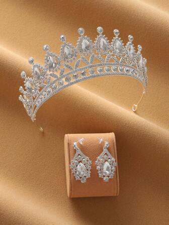 3er-Set silberner Braut-Kronen-Ohrringe, elegante Hochzeitsparty-Accessoires für Frauen