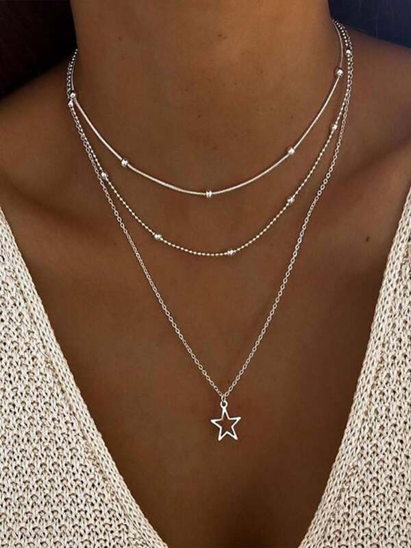 1pc Fashionable Minimalist Vintage Creative Hollow Star Pendant Multi-Layer Necklace Choker, Suitable For Women's Daily Wear, Party Accessory, Birthday Gift