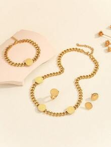 5 Stücke/set Edelstahl 18k Gold Runde Platte Geprägte Matten Ketten Kragen Knochen Halskette Für Frauen, Einschließlich Halskette, Ohrringe, Ringe, Armband - Gold - Übersicht 9