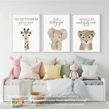 三件套手绘动物主题儿童房墙画 - 励志圣经经文印花，包含长颈鹿、大象和狮子图案，木框/帆布材质 - 婴儿房装饰、家居装饰、中性圣经经文、现代波西米亚风格儿童房装饰、迎婴派对装饰 - 彩色 - 查看 5