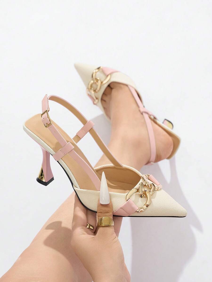女士复古花卉图案链条装饰尖头粗跟高跟鞋，优雅舒适，适合户外、日常、通勤、派对、节日穿着，春夏秋冬，浅粉色高跟鞋