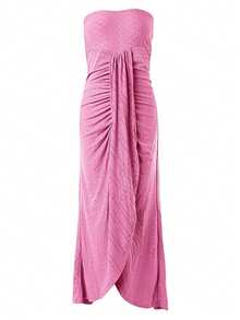 Elegant Sleeveless Off Shoulder Dress, Hollowed Out Embroidered Slit Wrap Dress, Women's Dress - 玫紅色 - 查看 2