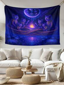 1Pc Mystic Cat Tapestry, Cosmic Cats Wall Art, Spiritual Fire Circle Room Decor,Celestial Feline Tapestry, Moonlit Scene Home Decor,Olyester Fiber Material,For Bedroom,Study,Dormitory,Living Room,Restaurant,Bar,Corridor,Studio,Etc,Frameless