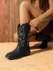 Women's Cowboy  Boots Embroidered Square Toe Chunky Low Heel  Mid Calf Cowgirl Western Boots Fashion Dresss For Theme Party Country Concert All-Season Black Boots - 黑色 - 查看 1