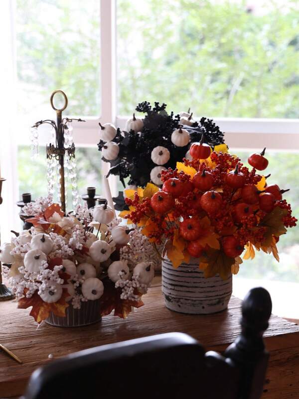 Set de 2 piezas de adornos de calabaza y bayas, de plástico, apropiados para fiestas de otoño como Halloween, Acción de Gracias, Festival de la Cosecha, utilizados para decoración de mesa, sala de estar, dormitorio, florero y manualidades