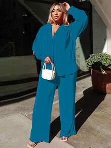 2pcs Women's Casual Printed Pleated Shirt & Wide Leg Pants Set Spring - Cobalt Blue - View 8