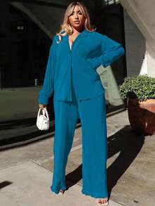 2pcs Women's Casual Printed Pleated Shirt & Wide Leg Pants Set Spring - Cobalt Blue - View 7