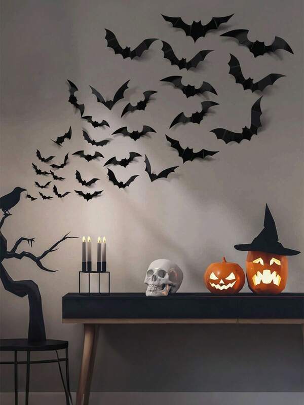 12 piezas de pegatinas de pared de murciélagos 3D, decoración esencial para la fiesta de Halloween