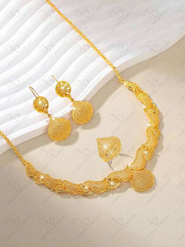 24K Gold Plated Dubai Elegant Floral Pattern Earrings & Necklace Jewelry Set, Sophisticated Middle Eastern Style For Party, Wedding, Anniversary, Casual Daily Wear