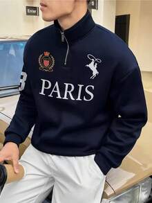Men's Fashion Simple Paris Letter Graphic Decoration Half-Zip Stand Collar Sweatshirt Minimalist Numeric Print Sleeve Decor, Soft & Comfortable For All Seasons , Fall