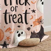 1件万圣节主题印花薄纱窗帘，饰有幽灵、南瓜、蝙蝠和骷髅图案，带杆袋，专为装饰客厅、卧室和其他空间而设计。趣味节日派对礼物，为家居装饰营造节日氛围。