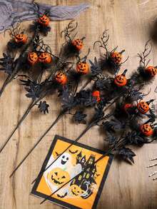 1 pezzo - Rami e steli artificiali per Ognissanti, pianta artificiale, ramo artificiale di zucca con foglie nere, fiore artificiale nero e arancione per la decorazione interna della casa di Ognissanti, decorazioni di Ognissanti, decorazioni autunnali per il raccolto e il festival di Ognissanti - Multicolore - Visualizzare 3