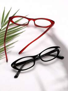 2pcs Oval Cat Eye Fashion Eyeglasses Frame, Transparent Glasses, Metal Accessories, Retro Personalized Versatile Fashion Eyeglasses Frame, Suitable For Daily Wear, Street Photography, Reading, Writing, Commuting, Vacation Travel, Beach And Other Occasions. - 2pcs(紅色+黑色) - 查看 5