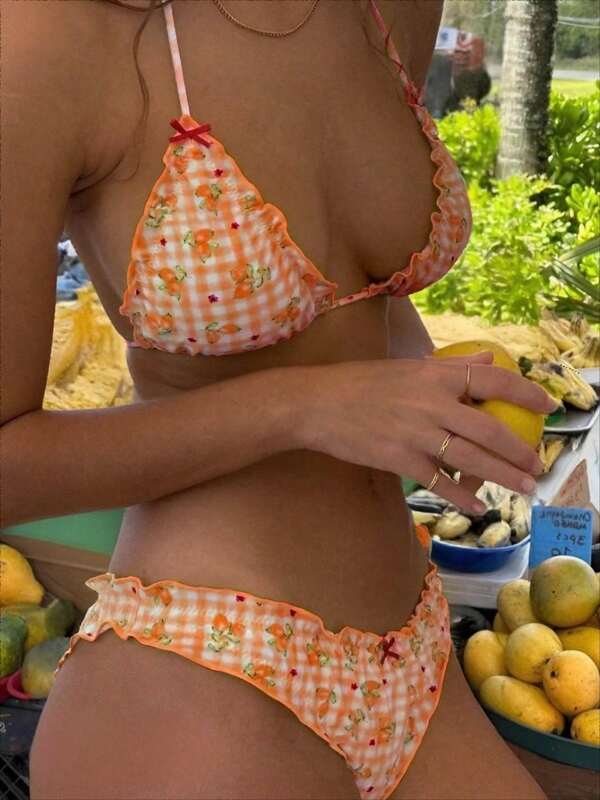 2pcs Lemon Yellow Plaid Print With Red Bow Swimwear Set, Removable Swimsuit Pads, Beach/Pool Holiday Outfits For Women