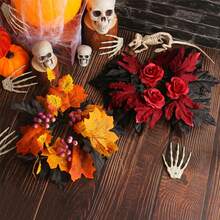 1 Pc Halloween Candle Wreath With Maple Leaves Rose Candle Holder Decor, Realistic Flower Circular Table Decor For Halloween Party Items, Garden Yard Halloween Realistic Flower Candle Decor, Halloween Gift, Christmas Gift
