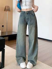女式宽松口袋阔腿休闲牛仔裤 - 藍色 - 查看 2
