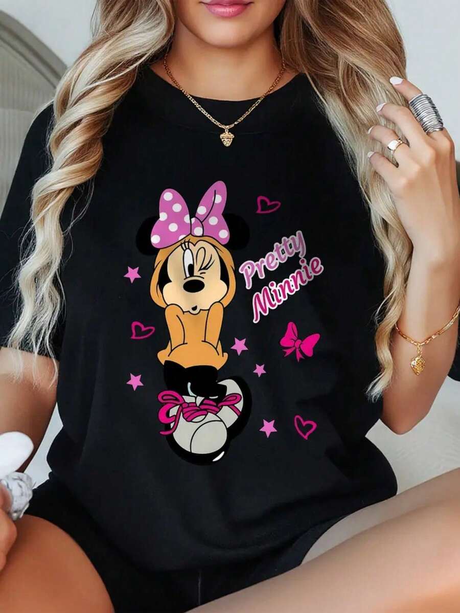 Cartoon Image Short Sleeve Round Neck T-Shirt, Casual And Fashionable Short Sleeve T-Shirt, Micro Elastic, Opaque, Easy Care Material, Perfect For Everyday Wear, Ladies T-Shirt - 黑色 - 查看 1