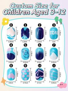 NAIO 24pcs False Nails Kids Girls Press On Short Artificial False Nails Cute Pre Glued Full Coverage Acrylic Nail Tips Set Suitable For Children Little Girls Nail Decoration (Blue Heart)