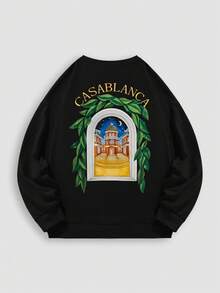 Sudadera de hombro caído blanca para hombre, sudadera holgada de cuello redondo de 100% algodón con estampado de arquitectura vintage para primavera y otoño - Negro - Ver 3