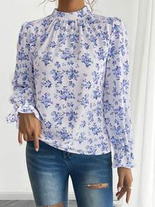 Áo cánh dài tay thanh lịch họa tiết hoa xanh kiểu Pháp dành cho nữ, mùa thu - Màu xanh lam - Xem 6