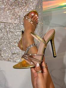 女士露趾星形高跟凉鞋，水钻装饰踝带，优雅高端派对正装鞋，金色