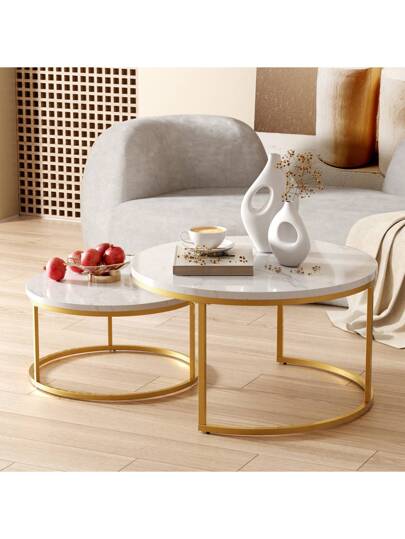 Set Of Coffee Tables, Round Side Living Room Tables MDF Tabletops Metal Frames, Nesting In Moderne Ideal Rooms view 2