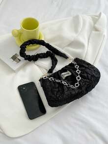 简约褶皱亮片纯色手提包，时尚亮片百搭单肩包，优雅褶皱云形手提包，搭配褶皱亮面 PU 皮革 - 黑色 - 查看 8