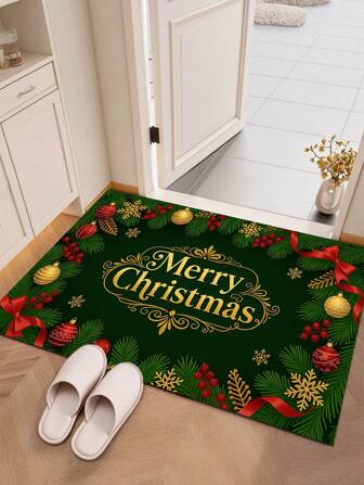 1pc Merry Christmas Decorative Ornament Ball Design Doormat, Vintage Rectangular Christmas Entrance Rug, Funny Non-Slip Backing Indoor Outdoor Low-Key Carpet Mat, Suitable For Entryway, Kitchen, Bathroom, Home Decor, Christmas Gift