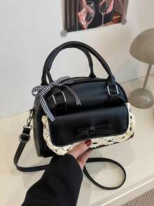 PU 材质简约时尚手提包，优雅女士波士顿包，适合日常、工作、休闲、通勤、节日礼物 - 黑色 - 查看 3