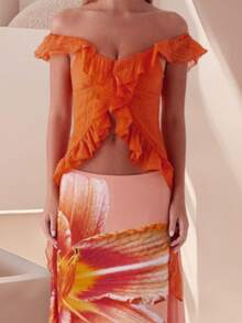 Women Off Shoulder Tops Ruffle Trim Solid Color Backless Showing Navel Shirts Summer Streetwear - 橘色 - 查看 2