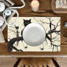 Juego de 1/2/4/6 individuales, estilo de gato negro de Halloween, con patrón de murciélago, tamaño 30x45 centímetros. Los individuales de poliéster de Halloween son adecuados para cocinas/manteles resistentes al calor del hogar, fáciles de limpiar y son accesorios ideales para mesas de cocina del hogar. Son adecuados para reuniones familiares y ocasiones interiores y son la mejor opción para la decoración de Halloween.