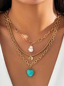 3pcs/Set Fashionable Vintage Turquoise Heart Pendant Baroque Faux Pearl Pendant Necklace Jewelry Set, Suitable For Women's Daily Wear, Decor, Vacation, Party, Music Festival. The Handmade Necklace Length Is Customizable By Cutting The Chain
